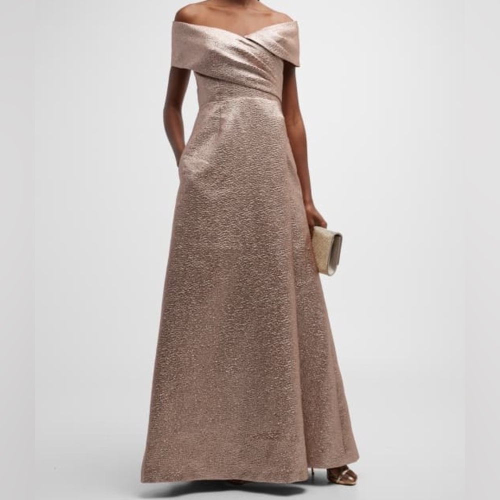 Rickie Freeman for Teri Jon Off-the-Shoulder Textured Evening Gown in Blush